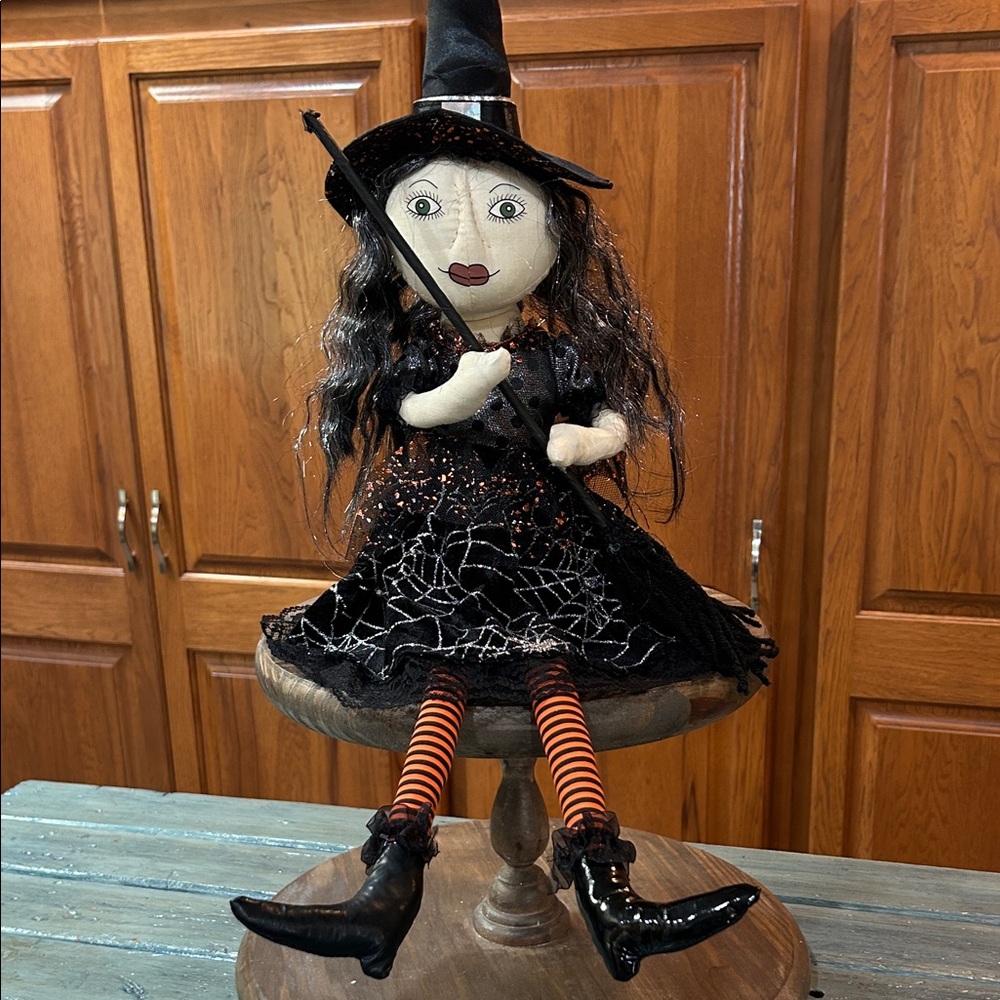 Halloween Friendly Witch Doll w/Broom Fabric Shelf Sitter Orange Blk Silver 26"
